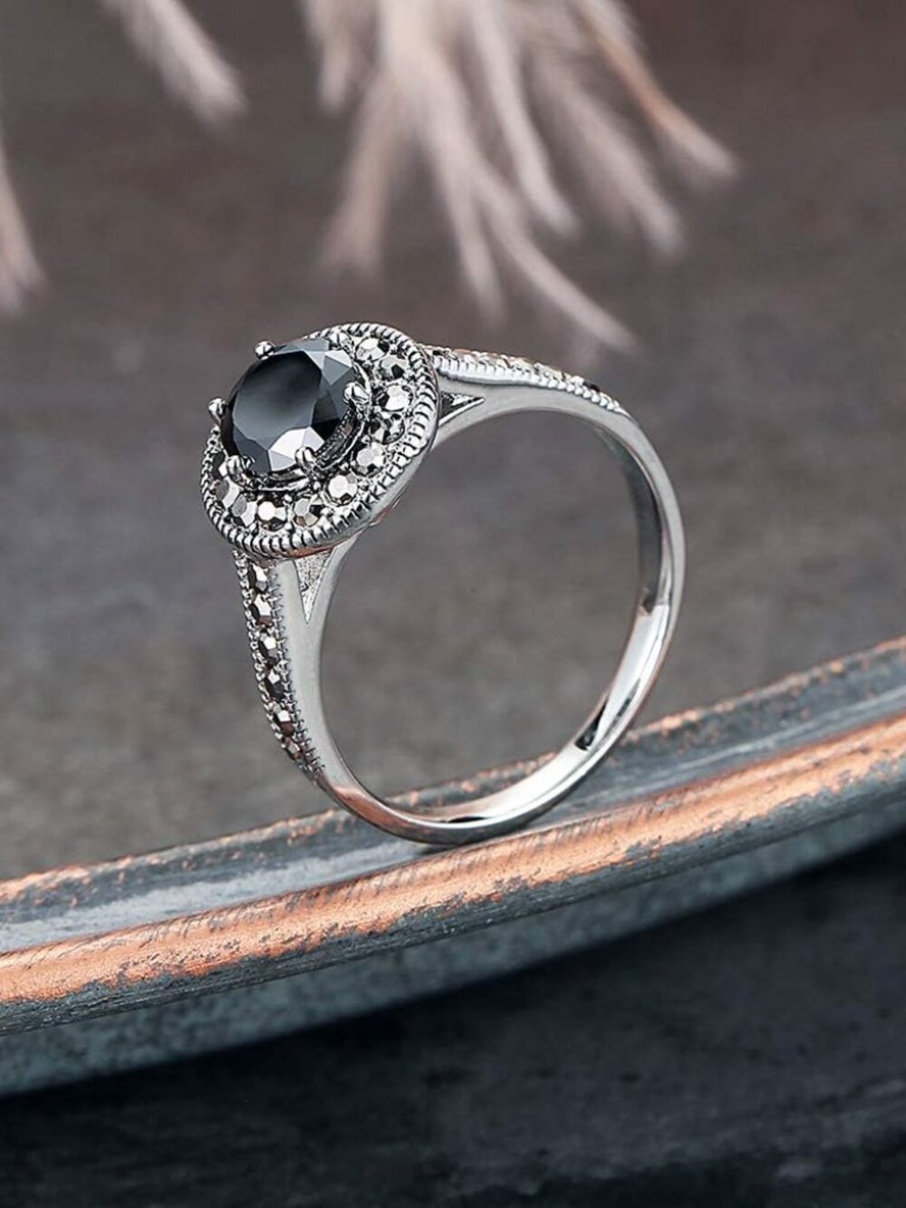 Vintage Wide Ring Classic Black Marcasite Crystal Rows Statement Silver Chunky R - Picture 6 of 6